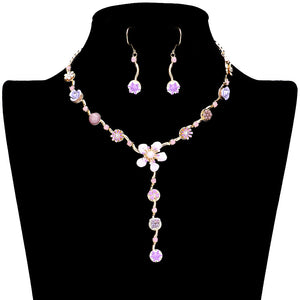 Purple Enamel Flower Stone Embellished Y Choker Jewelry Set, This beautiful set offers a unique eye-catching piece crafted with quality materials for a striking addition to any look. The set is adorned with bright enamel flowers and glimmering stones for a chic and elegant look. Wear it and dazzle on any special occasion.