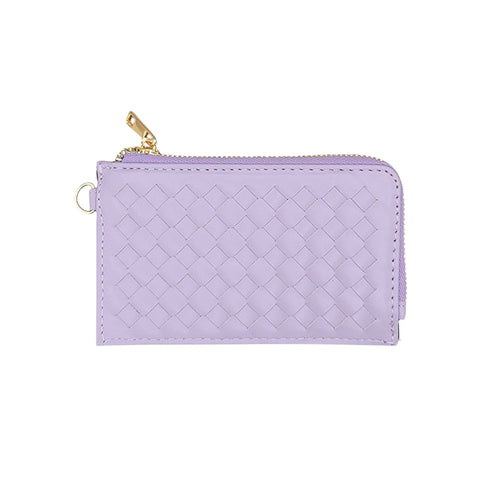 Faux Leather Basket Weave Flat Card Holder Wallet with Wristlet - Lavender
