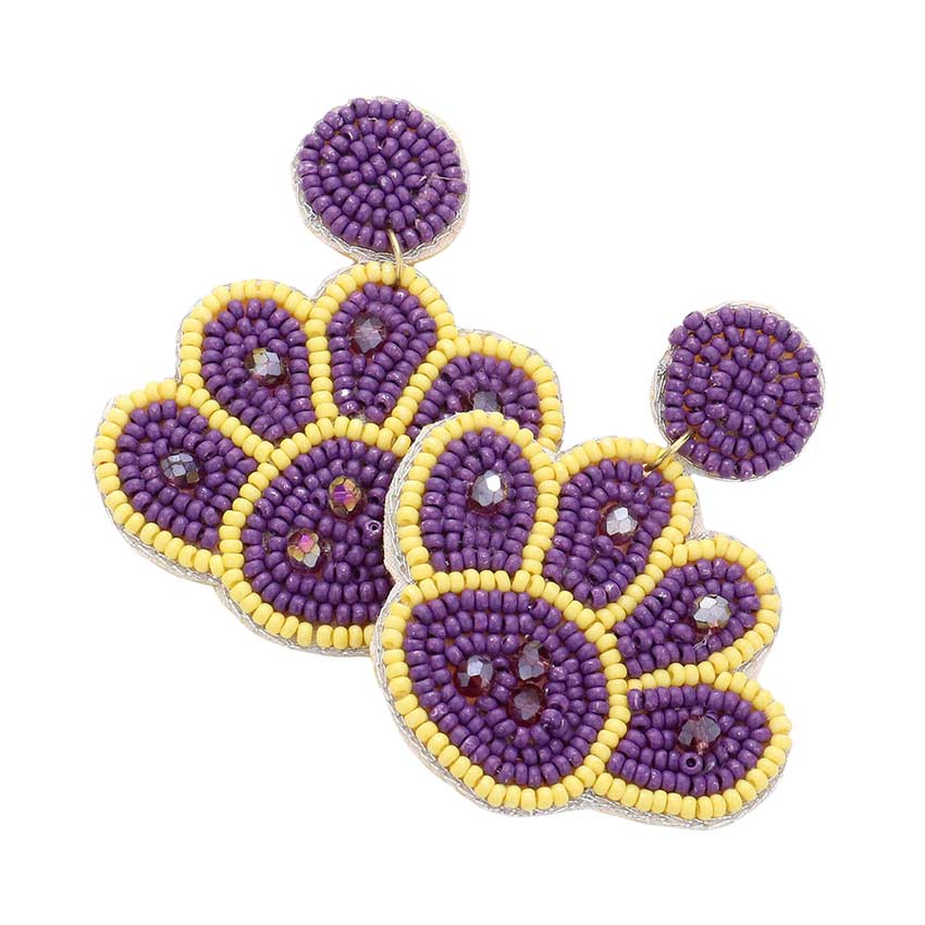 Purple Felt Back Seed Beaded Paw Dangle Earrings, Seed Beaded paw dangle earrings are fun handcrafted jewelry that fits your lifestyle, adding a pop of pretty color. Enhance your attire with these vibrant artisanal earrings to show off your fun trendsetting style. Great gift idea for your Wife, Mom, or your Loving One.