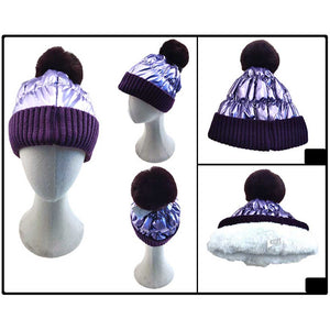Purple Fleece Lining Puffer Knit Pom Pom Beanie Hat, Whether you're dressing up or dressing down, you'll look effortlessly stylish in this Knitted pom pom beanie. It provides warmth to your head and ears. Puffer Outer material creates a Shiny and Metallic outlook. Daily wear and holiday also match. Perfect gift idea too!