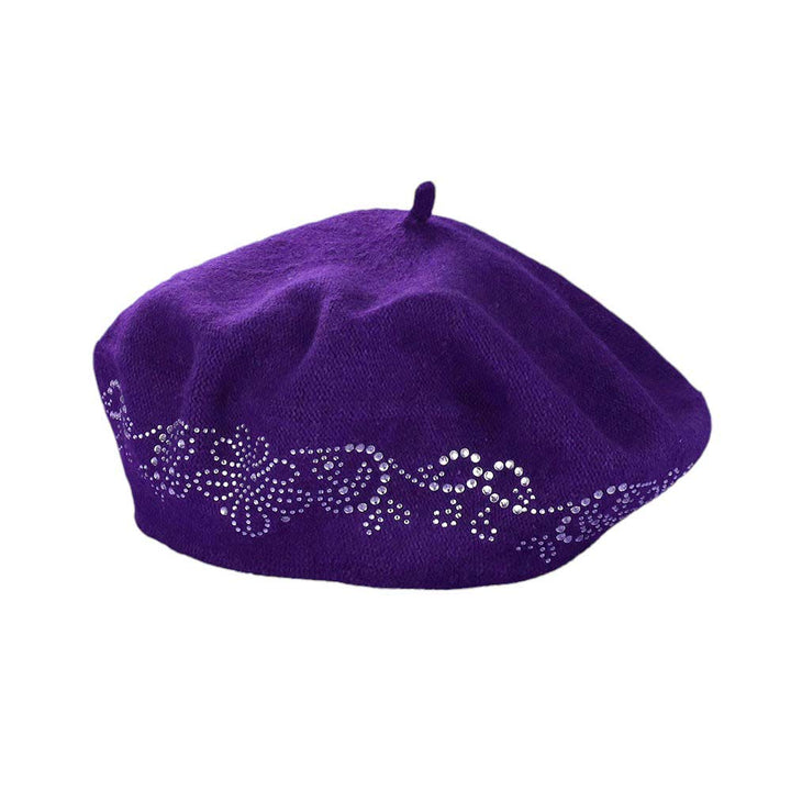 Purple-Flower Bling Studded Beret Hat, A stylish accessory for any outfit. With its floral design and studded accents, it adds a touch of elegance and glam to your look. Made with high-quality materials, it is durable and comfortable to wear. Perfect for any fashion lover.