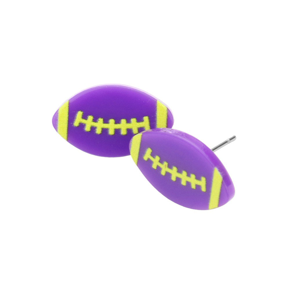 Purple Football Game Day Resin Stud Earrings, Show your football team spirit with these fashionable earrings. Featuring resin material with a football shape, these earrings give you a fashionable way to show off your loyalty to your favorite team. With a lightweight design, they're sure to be a fan favorite.