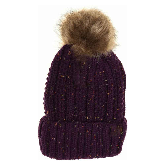 Fuzzy Lined Flecked Fur Pom C.C Beanie - Purple - Beanies
