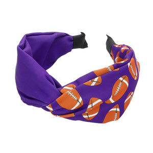 Purple Game Day Football Patterned Twisted Headband, Stay stylish and comfy with this Headband. This headband is designed with a soft fabric material for comfort and is patterned with an eye-catching football design for a game-day-ready look. Attend your team's play with this  Football Patterned Twisted Headband. 