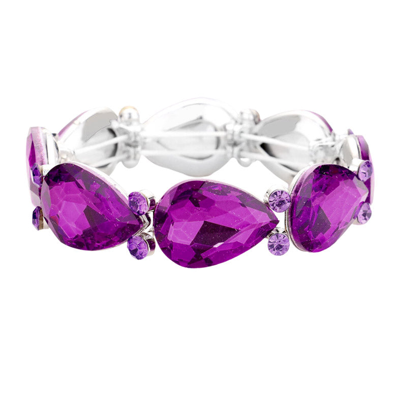 Purple Glass Crystal Teardrop Accented Stretch Evening Bracelet sleek style adds a pop of color to your attire, coordinate with any ensemble from business casual to everyday wear Birthday Gift, Anniversary Gift, Valentine's Day, Christmas, Navidad, Cumpleanos, Mother's Day Gift, Prom, Wedding Bridal, Quinceanera, Sweet 16