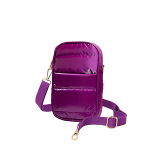 Purple Glossy Puffer Rectangle Crossbody Bag, This puffer fashion crossbody features one front slip pocket and one inside slip pocket, and a secured zipper closure at the top, this bag will be your new go-to! These beautiful and trendy Crossbody bags have adjustable and detachable hand straps that make your life more comfortable.