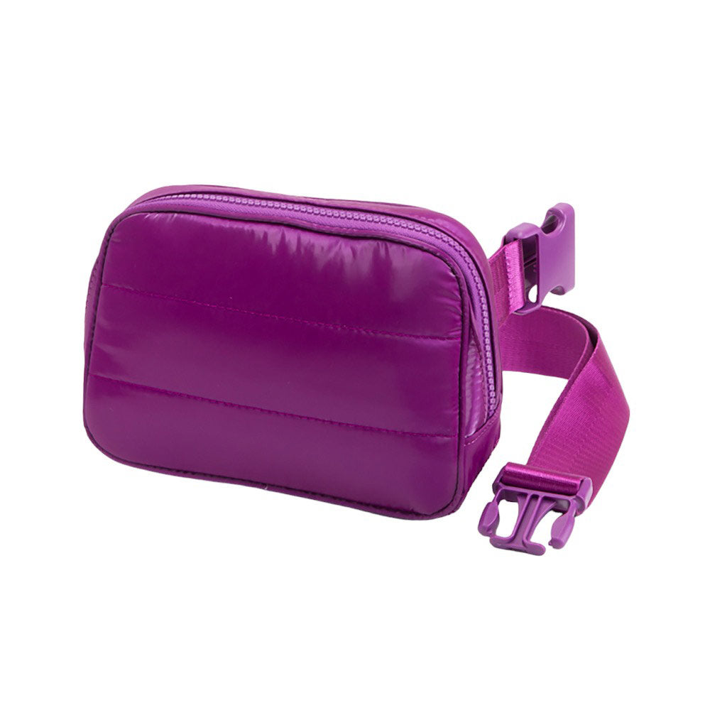 Purple Glossy Puffer Rectangle Sling Bag Fanny Bag Belt Bag, this stylish is bag made from durable material to ensure maximum protection and comfort. It features a fashionable design with adjustable straps, and secure buckle closure ensuring your valuables are safe and secure. The perfect for any occasion, shopping, etc.