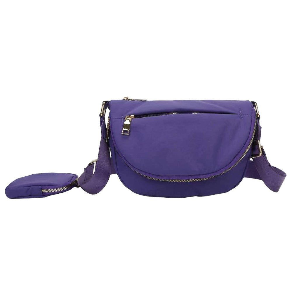 Purple Half Round Solid Nylon Crossbody Bag, is made of nylon, making it lightweight and durable. The adjustable shoulder strap ensures it will be comfortable to carry. The half-round shape adds a unique look to this bag, making it a great choice for any occasion. Perfect gift for fashion-forwarded family members and friends.