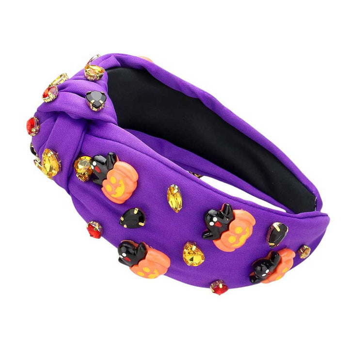 Purple-Halloween Charm Stone Cluster Embellished Knot Headband. Made with high-quality materials, this headband adds a touch of elegance to any Halloween costume. With its unique charm stones and stylish knot design, it's sure to make a statement. Perfect for completing your Halloween look.