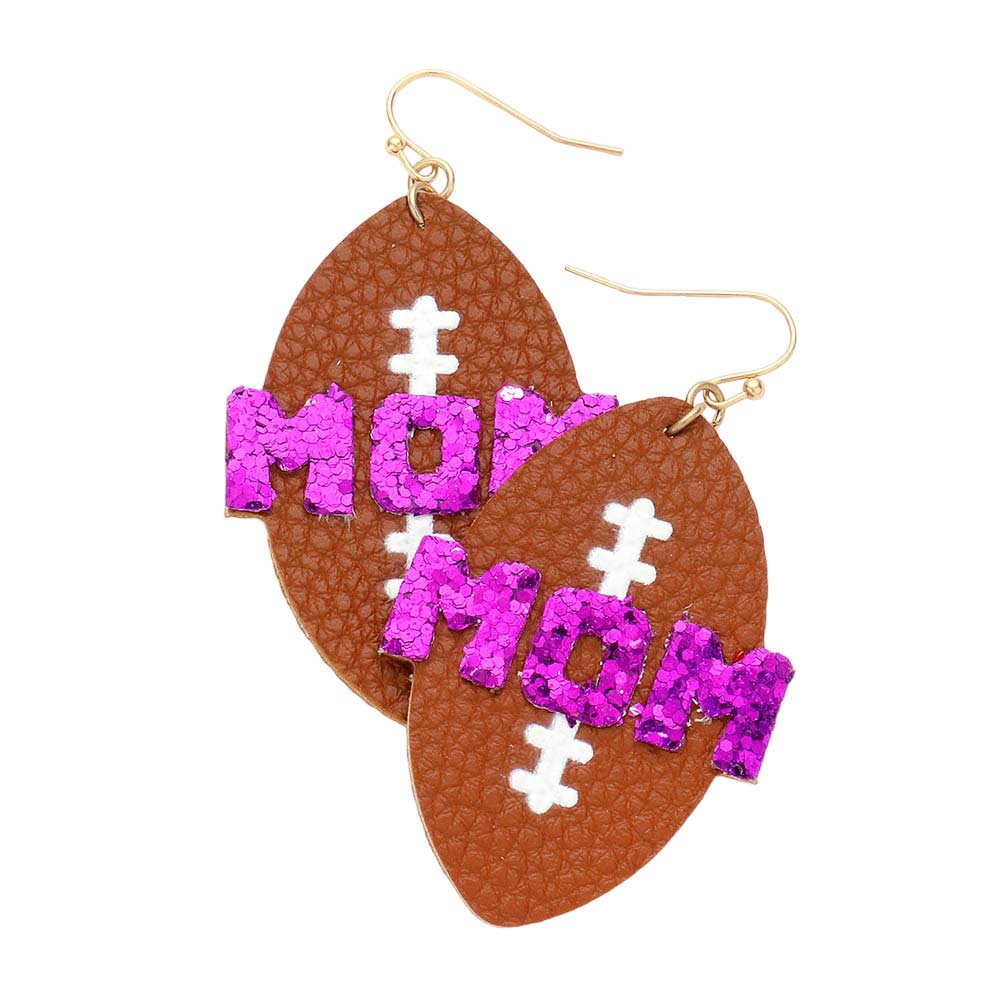 Purple Show off your love of football and your mother with the MOM Message Faux Leather Football Dangle Earrings. Crafted from faux leather, these dangle earrings feature a message of "MOM," perfect for honoring a special mother in your life. Whether you dress up or down, these earrings can complete any outfit. 