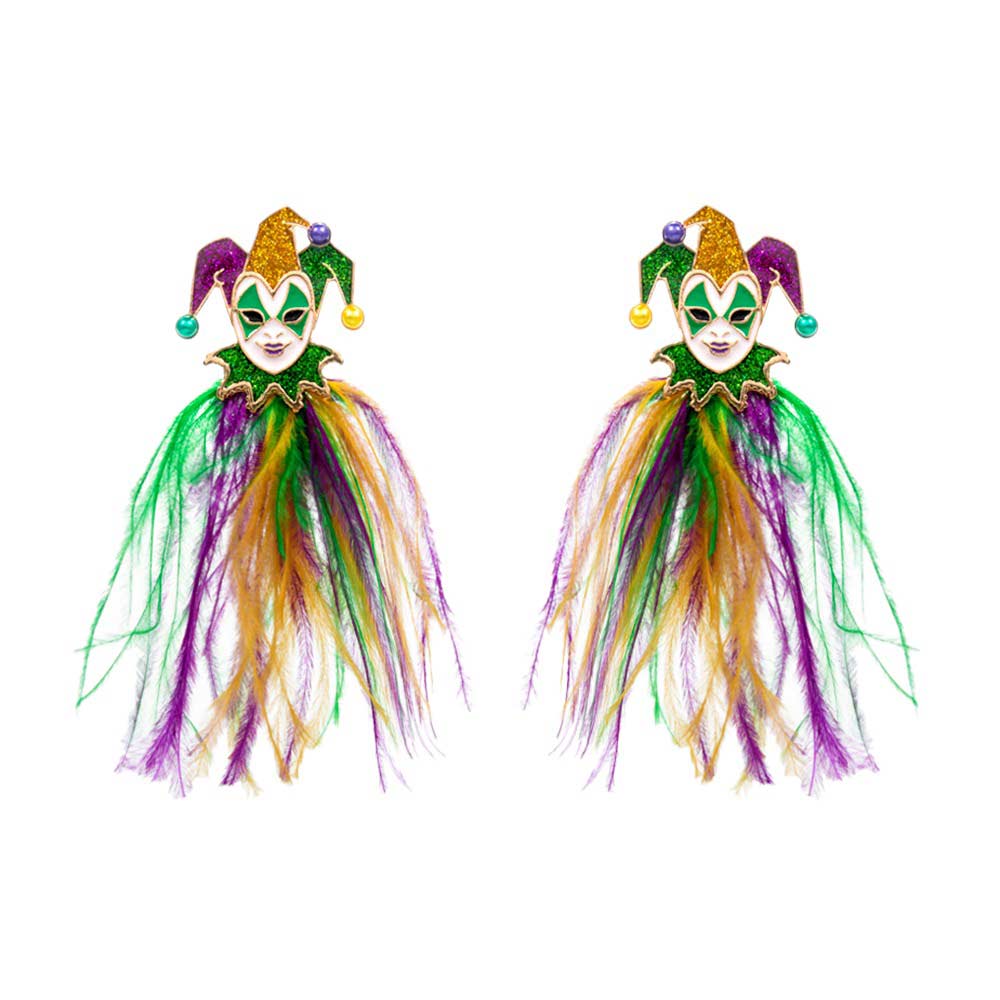 Purple Mardi Gras Glittered Jester Pierrot earrings, Add some festive fun. Crafted with lightweight colored feathers and glittered jester accents, they're the perfect way to show your Mardi Gras celebratory spirit. These petite earrings are designed with a secure hook closure, making them a comfortable and stylish accessory.