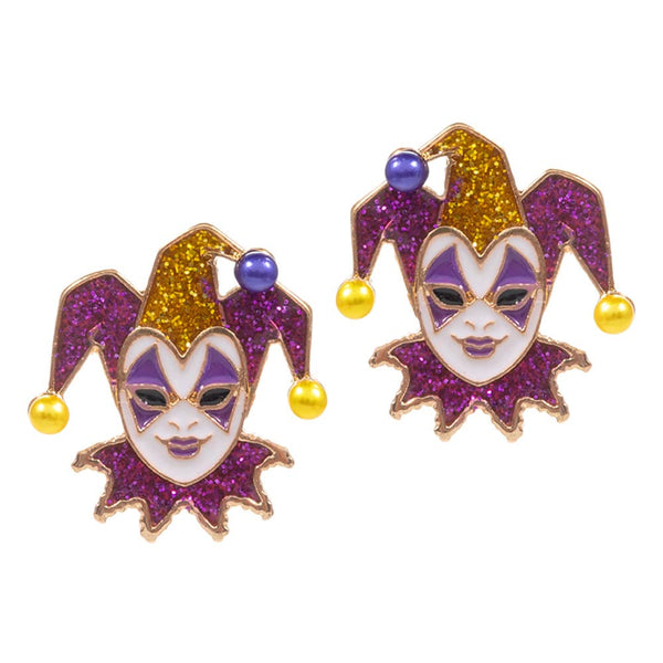 Purple Mardi Gras Glittered Jester Pierrot Stud Earrings, sure to bring an air of elegance to any ensemble. Crafted with a shimmery, glitter-infused resin and finished with a classic post and back closure, these earrings are perfect for Mardi Gras Festive or everyday wear. Perfect festival gift to friends and family members.