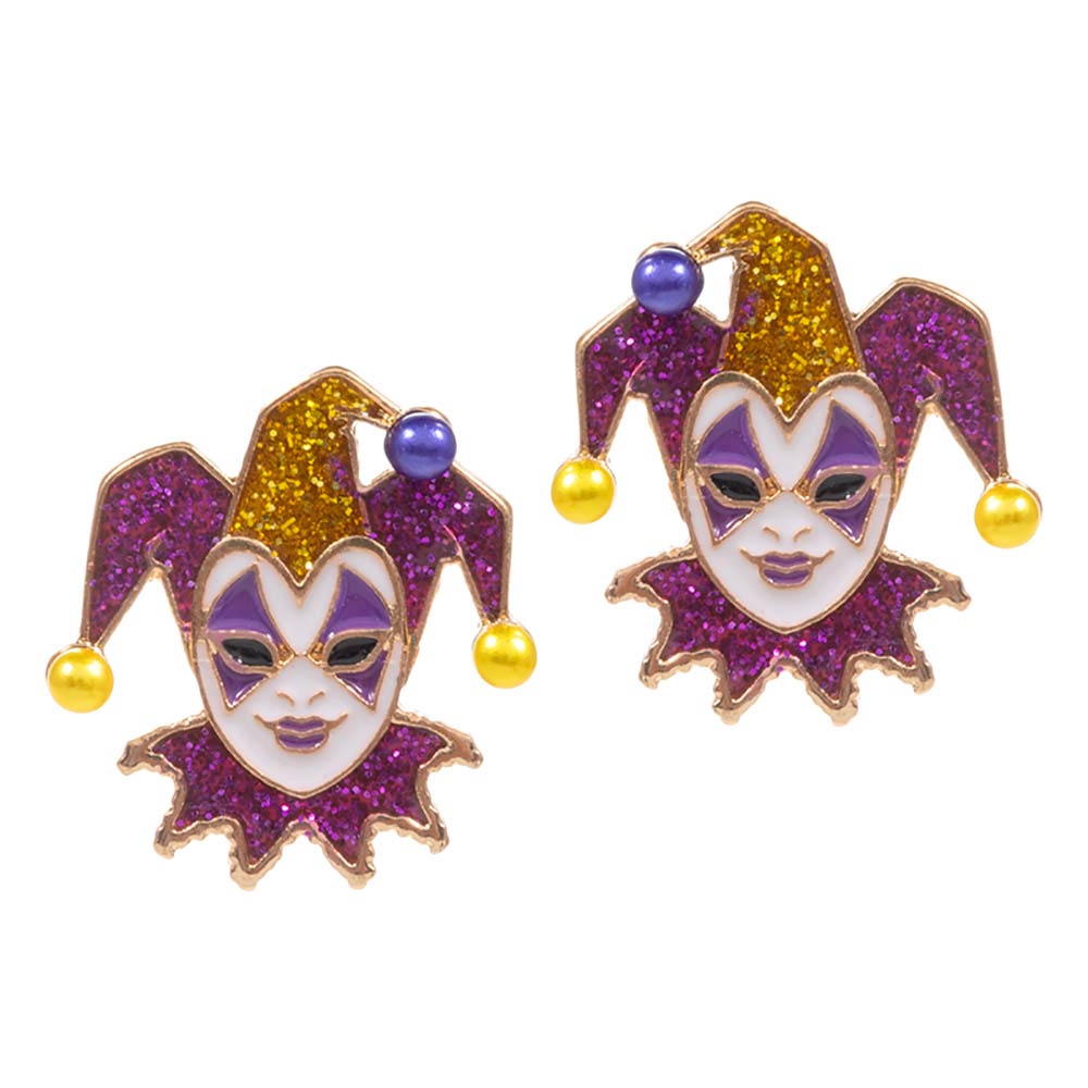 Purple Mardi Gras Glittered Jester Pierrot Stud Earrings, sure to bring an air of elegance to any ensemble. Crafted with a shimmery, glitter-infused resin and finished with a classic post and back closure, these earrings are perfect for Mardi Gras Festive or everyday wear. Perfect festival gift to friends and family members.