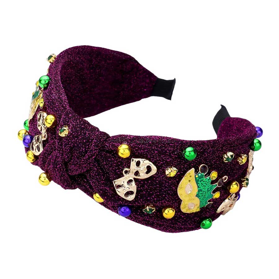 Purple Multi Mardi Gras Mask Crown Sparkle Knot Headband, Elevate your Mardi Gras ensemble with our stunning headband. Made with intricate sparkle detailing, this headband will surely turn heads at any party. Feel like royalty with our unique design that combines the elegance of a mask and the playfulness of a crown.