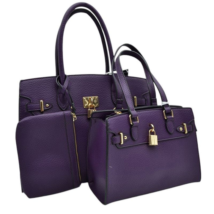 Purple-Padlock Accent 3 in 1 Twin Tote-Satchel Value Set includes a wallet for added convenience. With a stylish padlock accent, this set is perfect for everyday use and travel. Made with high-quality materials, it offers durability and functionality. Get both fashion and functionality with this value set. 