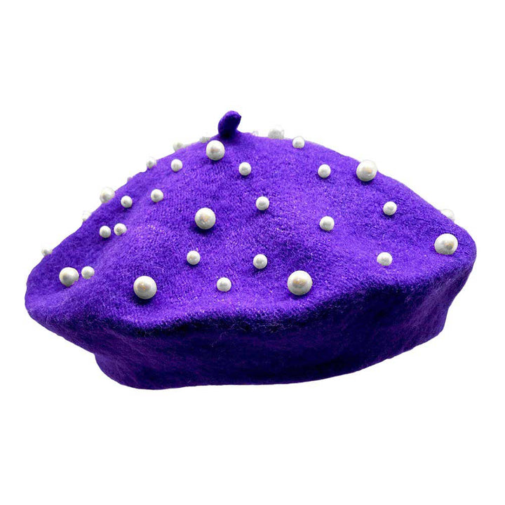 Purple-Pearl Embellished Tam Beret Hat, Featuring a classic beret design, this stylish hat is adorned with elegant pearls for a touch of sophistication.Adding a touch of glamour to any outfit, this hat is a must-have accessory for any fashion-forward individual.Upgrade your style today with our Pearl Embellished Tam Beret Hat