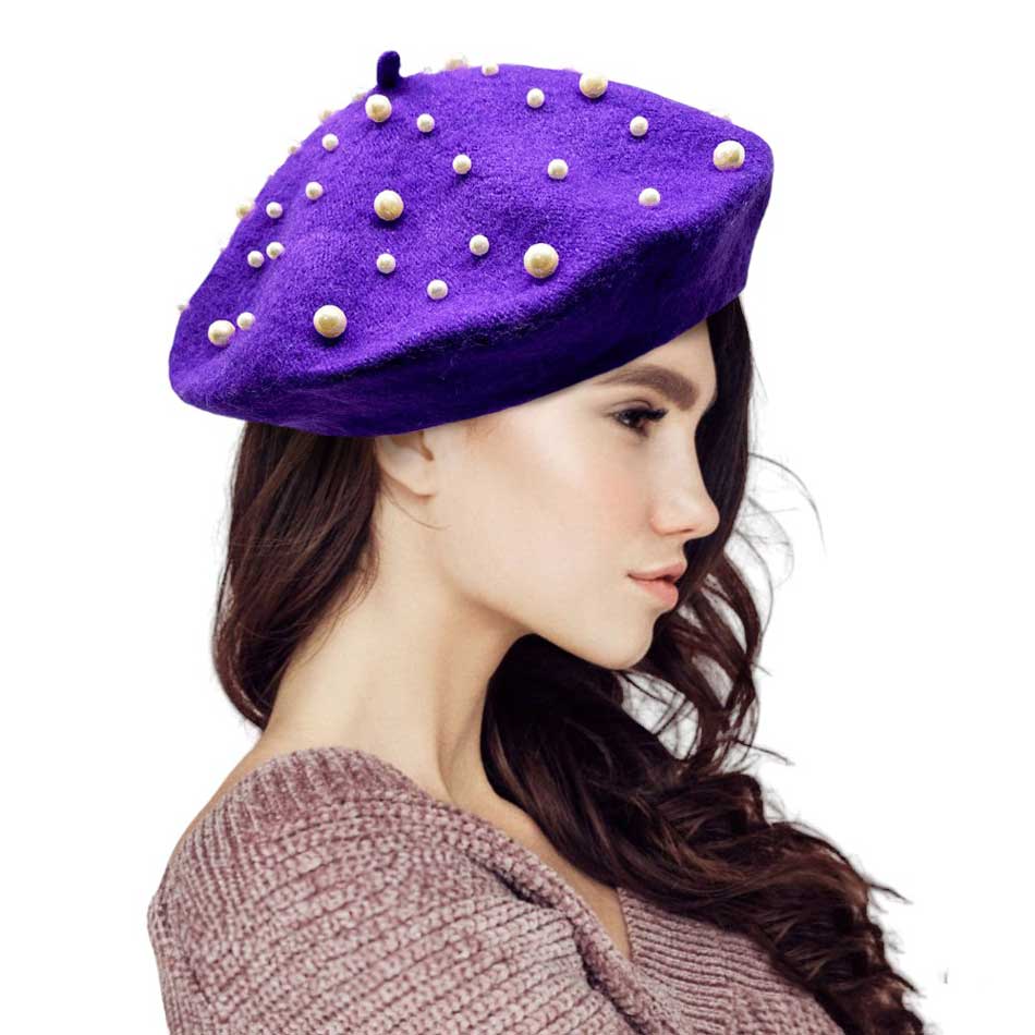 Purple-Pearl Embellished Tam Beret Hat, Featuring a classic beret design, this stylish hat is adorned with elegant pearls for a touch of sophistication.Adding a touch of glamour to any outfit, this hat is a must-have accessory for any fashion-forward individual.Upgrade your style today with our Pearl Embellished Tam Beret Hat