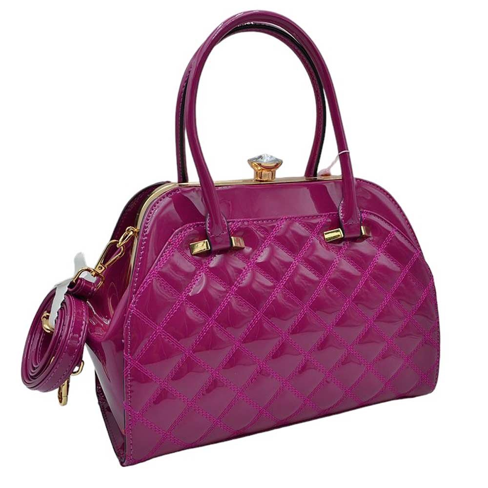 Purple Shiny Patent Quilted Fashion Satchel Tote Handbag, is the perfect choice for anyone looking to add a touch of style to their wardrobe. Designed with a classic quilted pattern and a gleaming patent finish. A perfect accessory to keep all necessary things in place.
