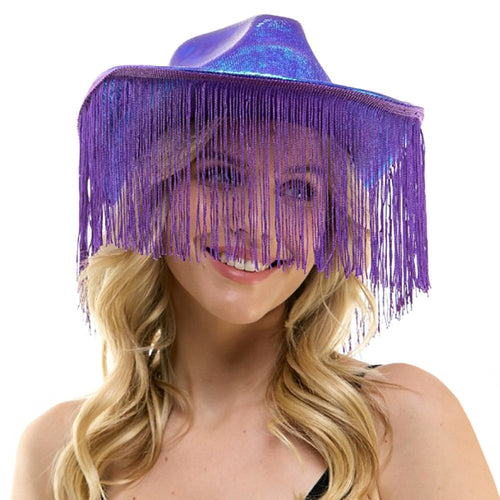 Sombrero de vaquero occidental brillante con flecos - Purple