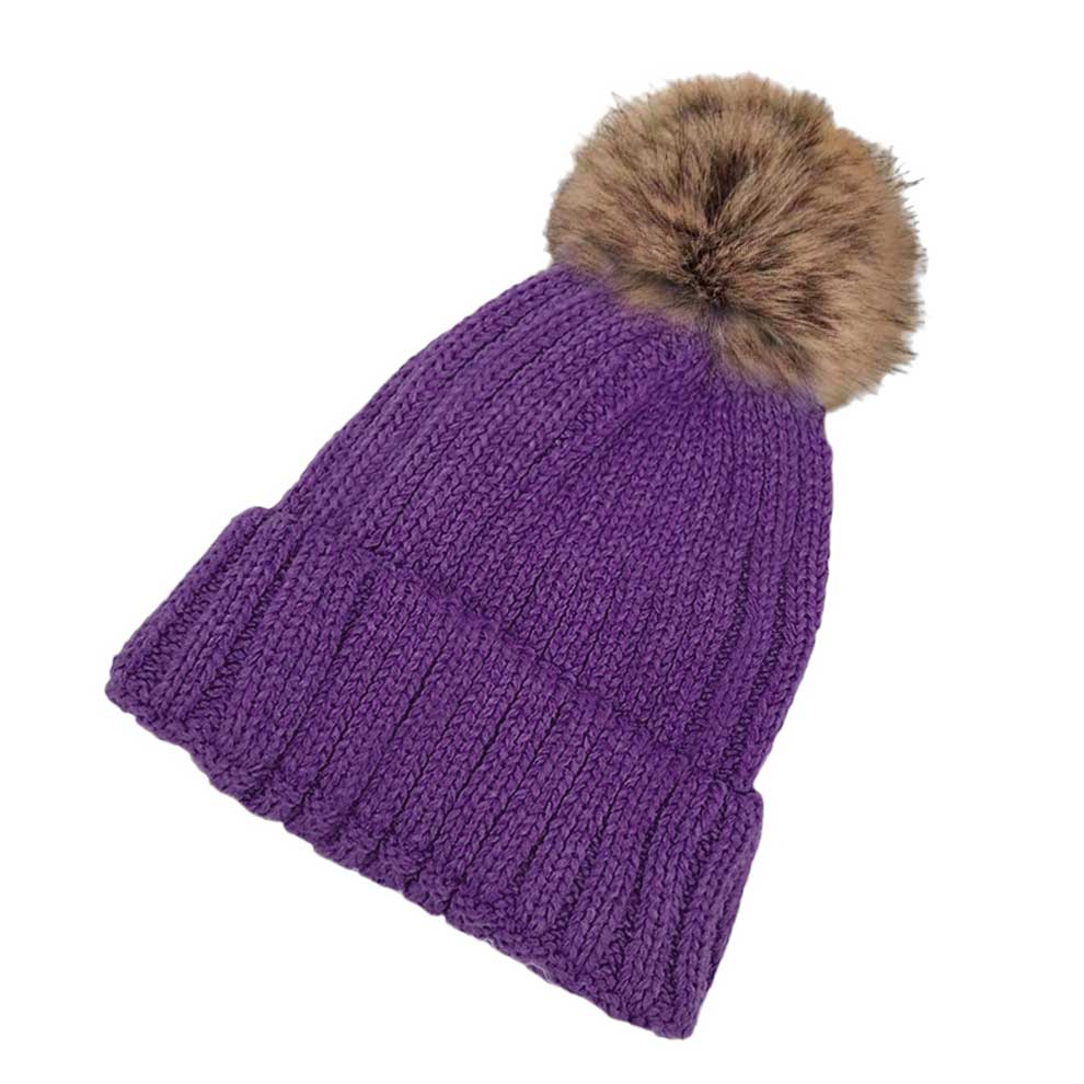 Purple Solid Knit Faux Fur Pom Pom Beanie Hat, stay warm during the chilly months with this cozy pom pom beanie hat. This is the perfect hat for any stylish outfit or winter dress. Perfect gift item for Birthdays, Christmas, Stocking stuffers, Secret Santa, holidays, anniversaries, Valentine's Day, etc.