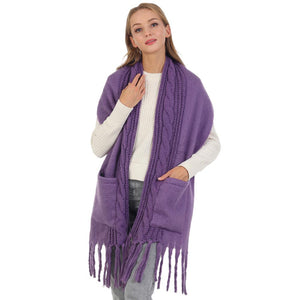 Purple Solid Knit Pockets Tassel Oblong Scarf, is delicate, warm, on-trend & fabulous, and a luxe addition to any cold-weather ensemble. Great for daily wear in the cold winter to protect you against the chill, the classic style scarf & amps up the glamour with a plush material. Perfect gift for birthdays, or any occasion.