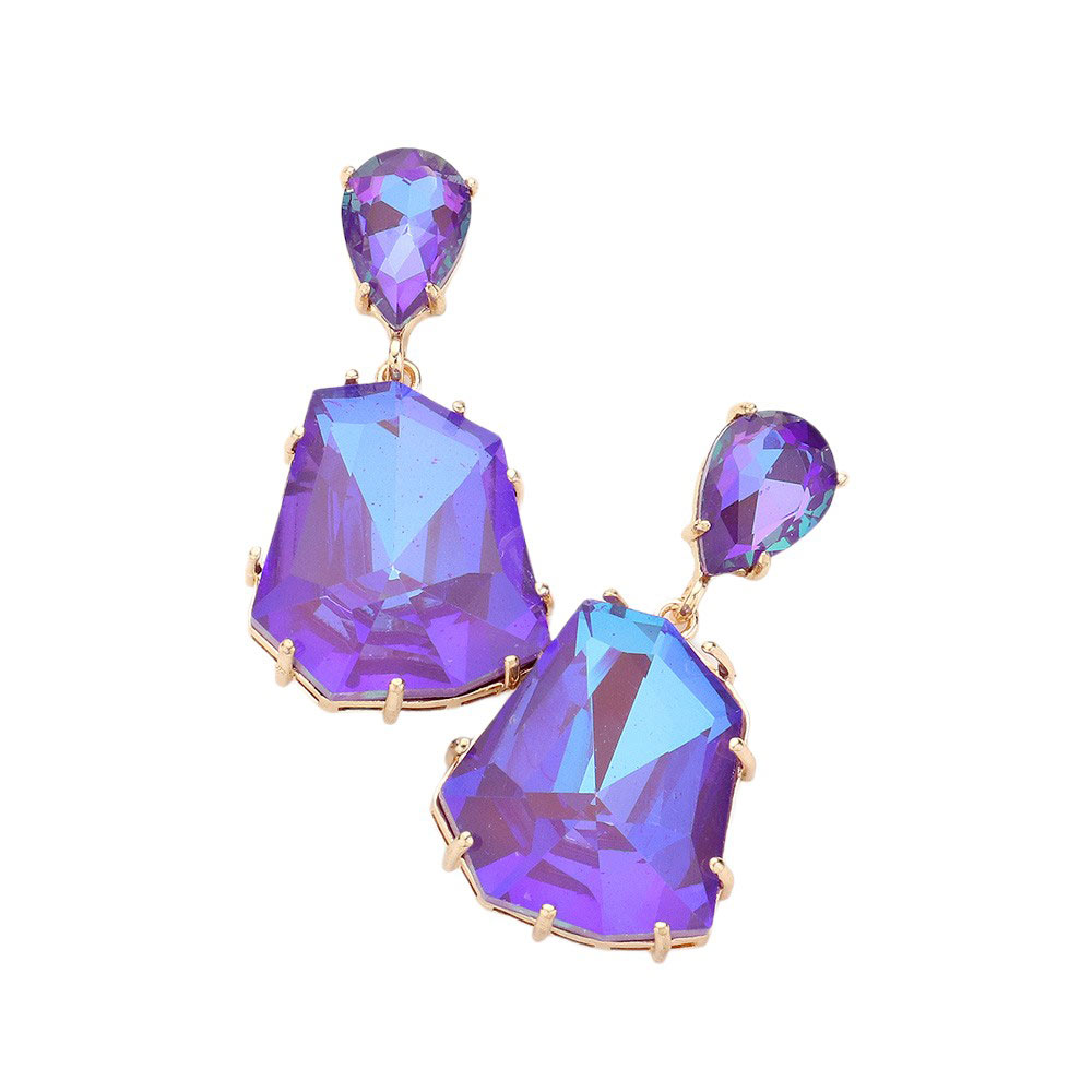 Purple Teardrop Angled Stone Link Dangle Evening Earrings, These elegant earrings feature a unique design that will add a touch of sophistication to any outfit. The angled stones create a delicate and eye-catching look, while the dangle style adds movement and dimension. Perfect for formal evening event or a special occasion.