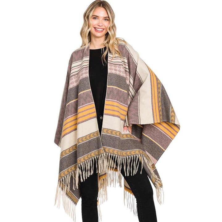 Purple Trendy Aztec Patterned Fringe Ruana Poncho, with the latest trend in ladies' outfit cover-up! the high-quality knit poncho is soft, comfortable, and warm but lightweight. It's perfect for your daily, casual, party, evening, vacation, and other special events outfits. A fantastic gift for your friends or family.