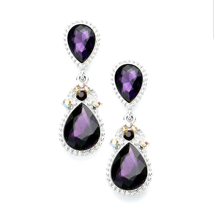 Purple Victorian Teardrop Crystal Rhinestone Evening Earrings. Elevate your evening elegance with these Earrings. Crafted with exquisite detail, these timeless accessories sparkle with vintage charm. Perfect for adding a touch of sophistication to any special occasion outfit.