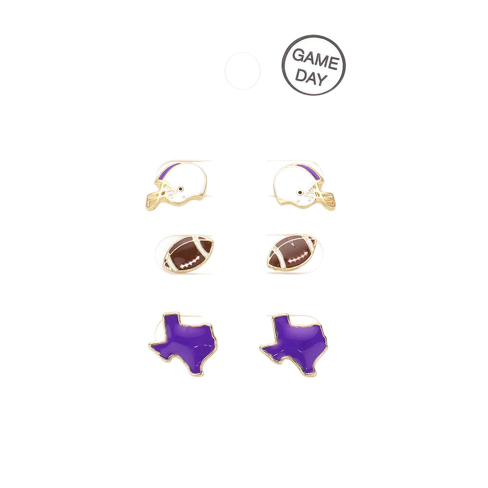Purple White 3Pairs Game Day University of Texas Helmet Football State Map Stud Earrings. Styled in the shape of the iconic Texas state map, these earrings are the perfect way to show off your University pride. Ideal gift for sports lovers, batchmates, senior & junior supporters of the team, friends, and yourself. 