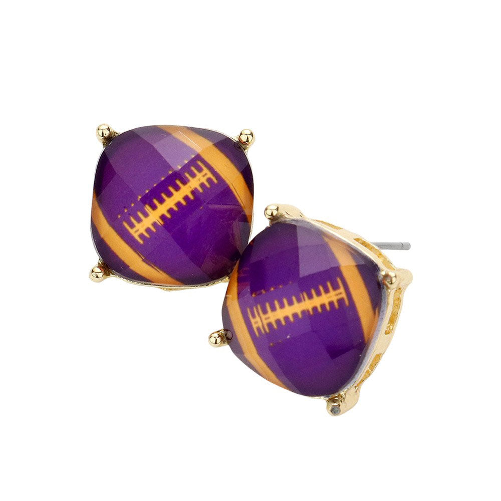 Purple Yellow Score a touchdown with these quirky and playful Game Day Football Cushion Square Stud Earrings! Perfect for game days or any other occasion, these earrings feature a unique cushion square design that adds a fun and stylish touch to any outfit. Show off your love for the game in a fashionable and lighthearted way.