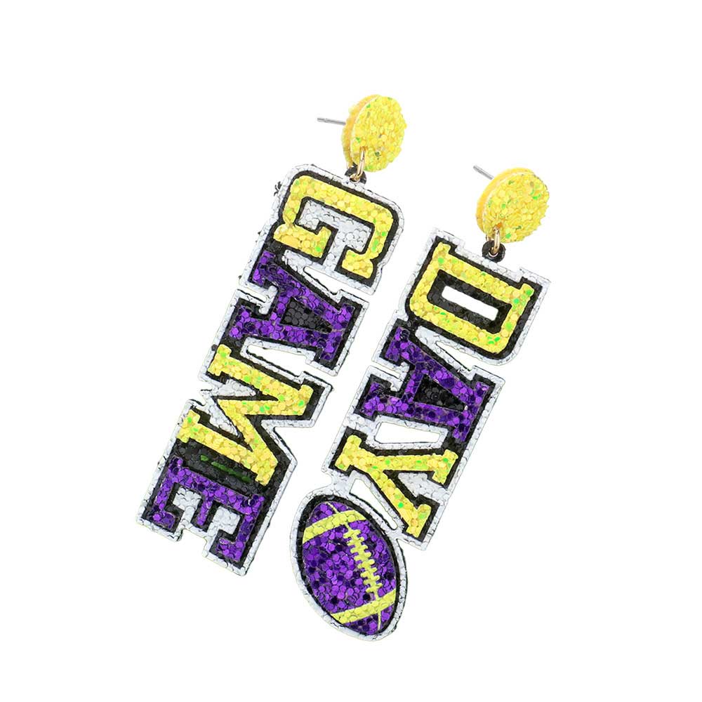 Purple Yellow Game Day Message Football Bling Dangle Earrings, feature a sparkling crystal football and message charms with a metallic finish. Show your team spirit with these whimsical earrings. The perfect accessory for the biggest game days and the perfect gift for sports lovers. 