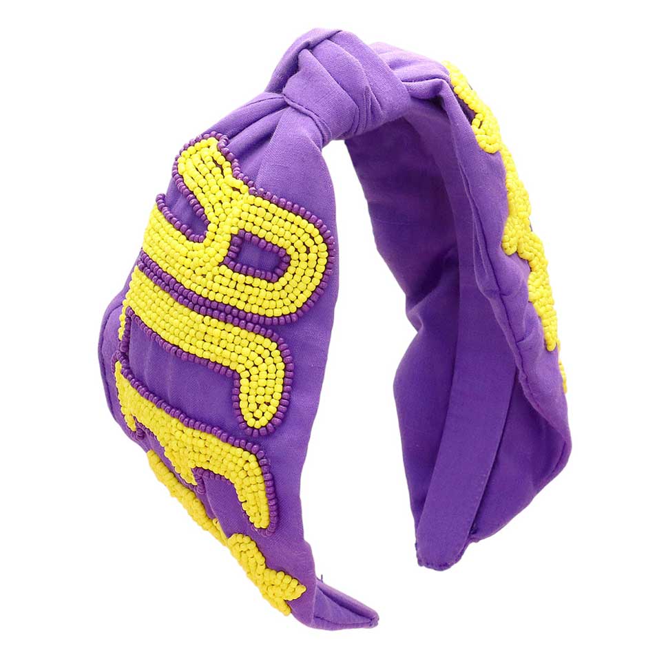 Purple Yellow Get ready for the game with this Game Day Seed Beaded ACE Message Star Knot Burnout Headband. Crafted with soft material and adorned with seed beading, an ACE message, and a star knot, this headband is perfect for making a statement and staying comfortable at the same time. Cheer up your favorite team with this.