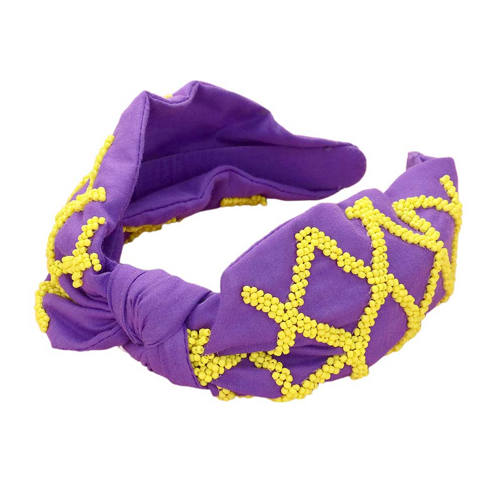 Purple Yellow Game Day Seed Beaded Check Patterned Knot Burnout Headband, push back your hair with this pretty headband, and add a pop of color to any outfit! Gift your sports enthusiast with the one-of-a-kind Game Day Seed Beaded Check Patterned Knot Burnout Headband. This is the perfect gift for the people who love sports most.