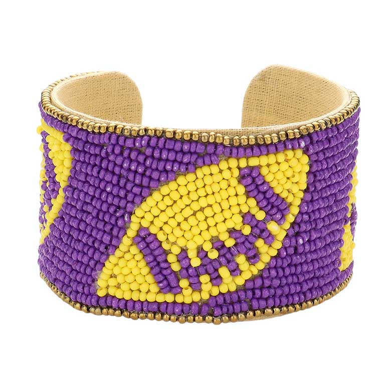 Purple Yellow Game Day Seed Beaded Football Accented Cuff Bracelet, Show your love for the game with the Game Day Seed Beaded Football Accented Cuff Bracelet. It features a football design accent to create a unique and fashionable look. Perfect for any game day, this bracelet is sure to add a touch of team spirit to your wardrobe.