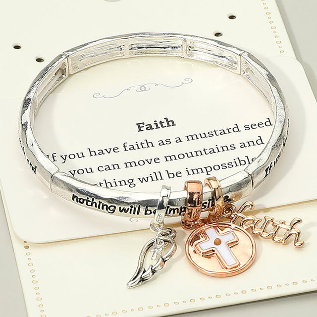 Madeline Love Three Tone FAITH Message Cross Medal Angel Wing Charm Stretch Bracelet - Bracelets