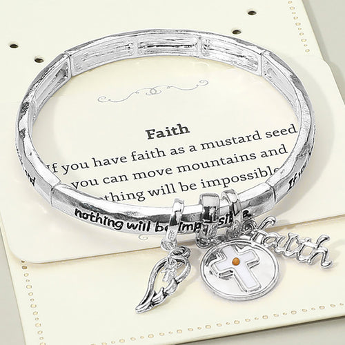 FAITH Message Cross Medal Angel Wing Charm Stretch Bracelet - Antique Silver