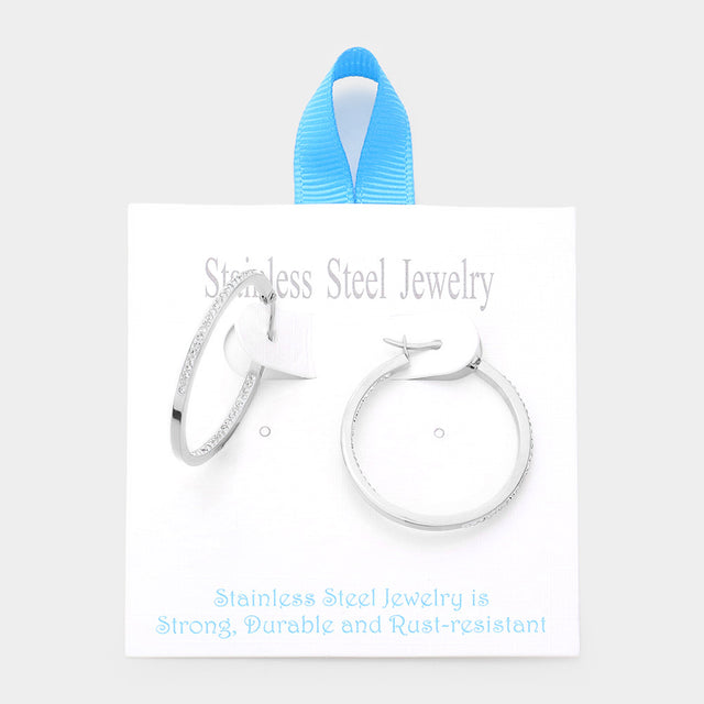 Madeline Love Rhodium Stainless Steel 1.25 Inch Inside Out Rhinestone Hoop Pin Catch Earrings