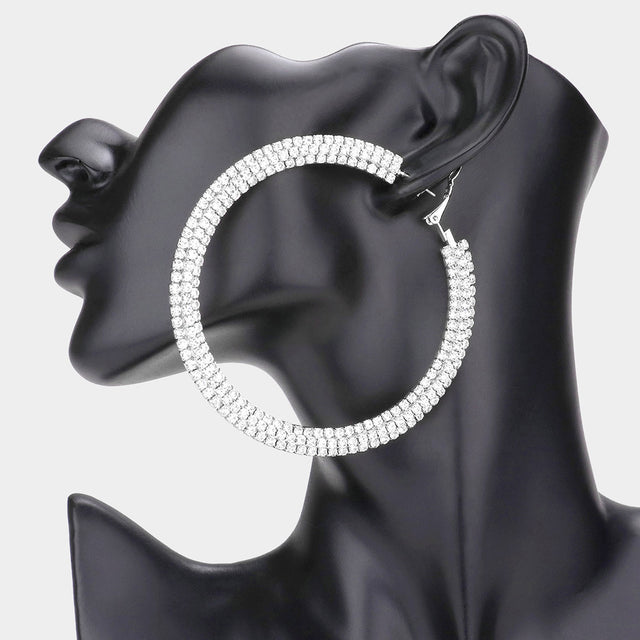 Madeline Love Rhodium 3.25 Inch Rhinestone Hoop Earrings