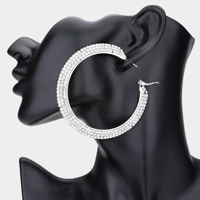 Madeline Love Silver Crystal Rhinestone 2.8 Inch Hoop Earrings