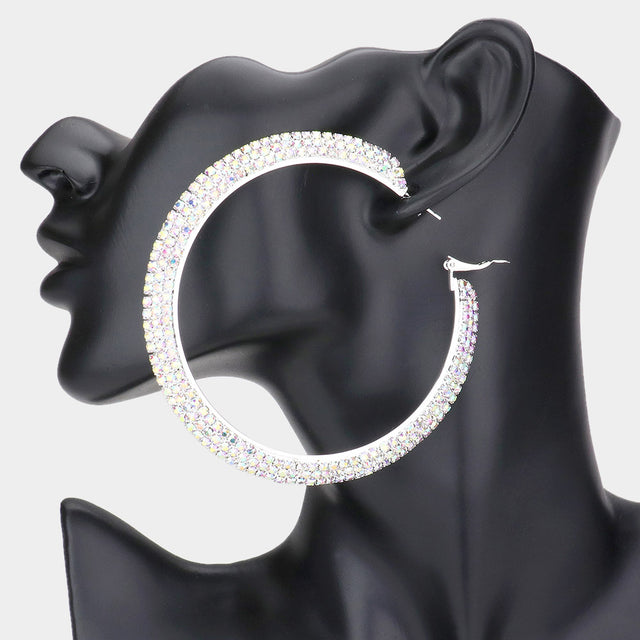 Madeline Love AB, Silver Crystal Rhinestone 3.25 Inch Hoop Earrings