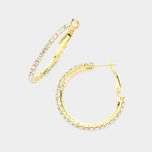 Crystal Rhinestone 1.3 Inch Hoop Earrings - Gold