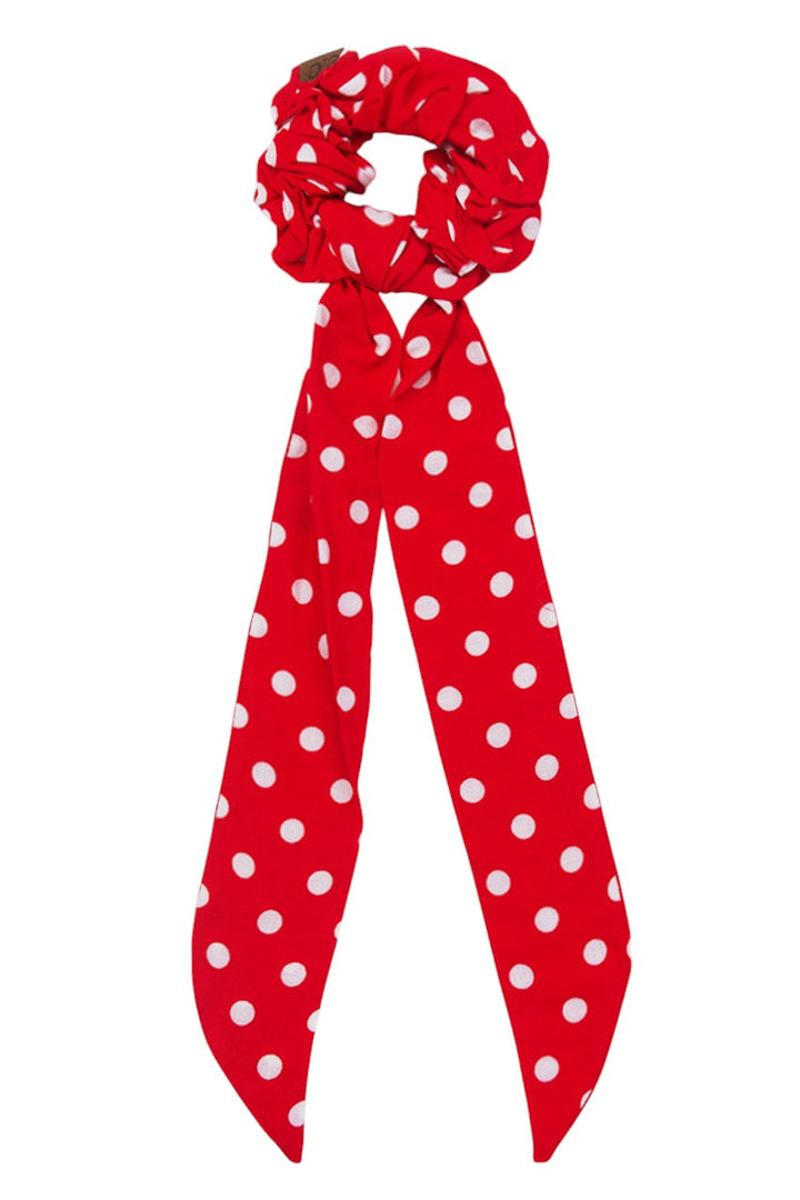 Red C.C. POLKA DOT SASH SCRUNCHIES offer a stylish and practical way to keep hair in place. With their fun polka dot design and handy sash, they are perfect for any hair type. Made with high-quality materials, these scrunchies are durable and comfortable for all-day wear.