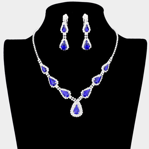 Teardrop Stone Accented Rhinestone Pave Necklace Clip on Earring Set - Sapphire, Silver