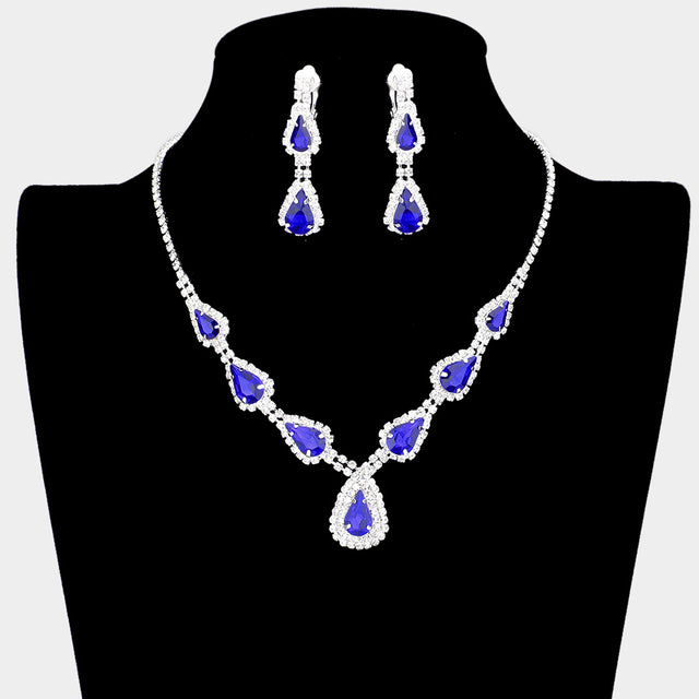 Madeline Love Sapphire, Silver Teardrop Stone Accented Rhinestone Pave Necklace Clip on Earring Set - Jewelry