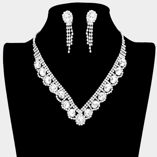 Oval Stone Accented V Shaped Rhinestone Necklace Clip on Earring Set - Silver