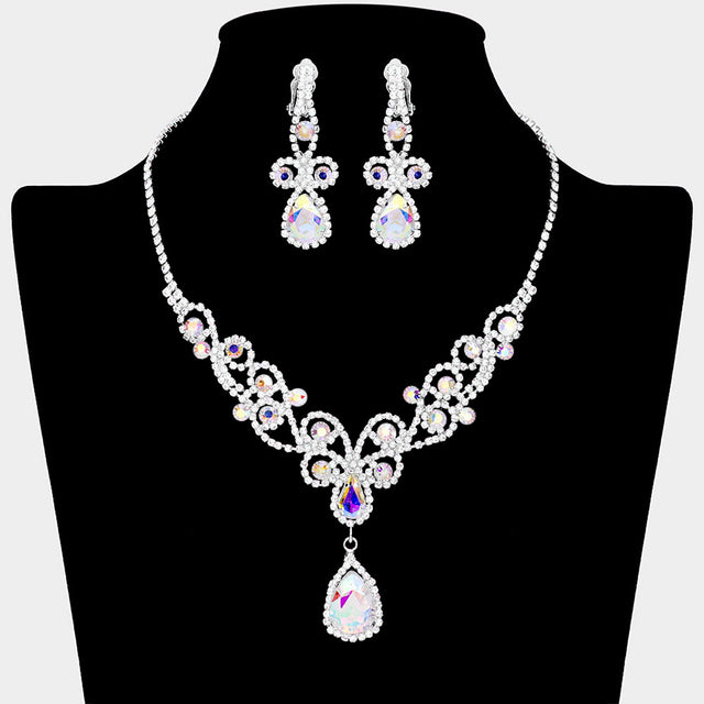 Madeline Love AB, Silver Teardrop Crystal Rhinestone Vine Drop Collar Necklace - Jewelry