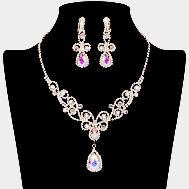 Madeline Love AB, Gold Teardrop Crystal Rhinestone Vine Drop Collar Necklace Clip on Earring Set - Jewelry