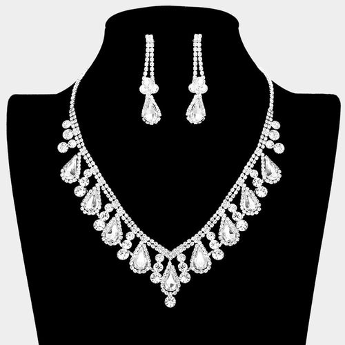 Teardrop Stone Accented Rhinestone Necklace - Clear, Silver