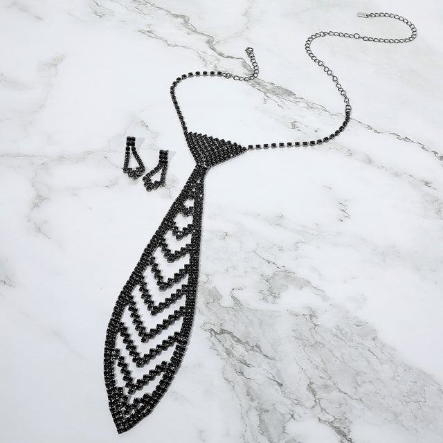 Madeline Love Hematite, Jet Black Rhinestone Pave Neck Tie Necklace - Jewelry