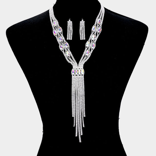 Madeline Love AB, Silver Rhinestone Trim Crystal Oval Fringe Necklace - Jewelry